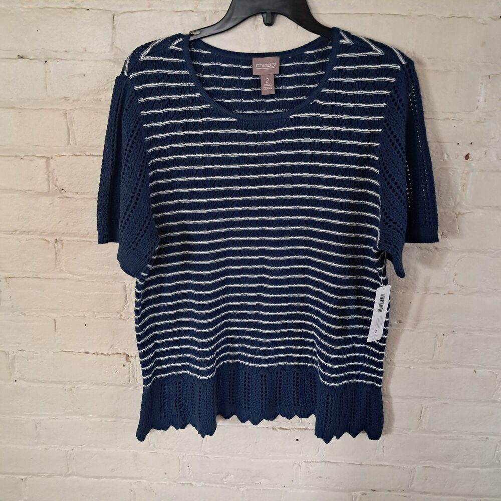 Chico's Sz 2 (L) striped SS sweater navy white Striped Chrochet Scallop Hem NWT